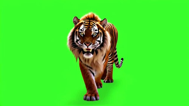 a tiger walking and angry on green screen