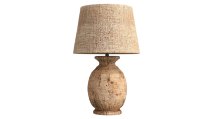 Elegant lamp with a natural design and textured shade against a white background.