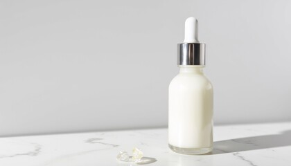Glass Bottle With Dropper Filled With White Liquid Beauty And Skincare Product