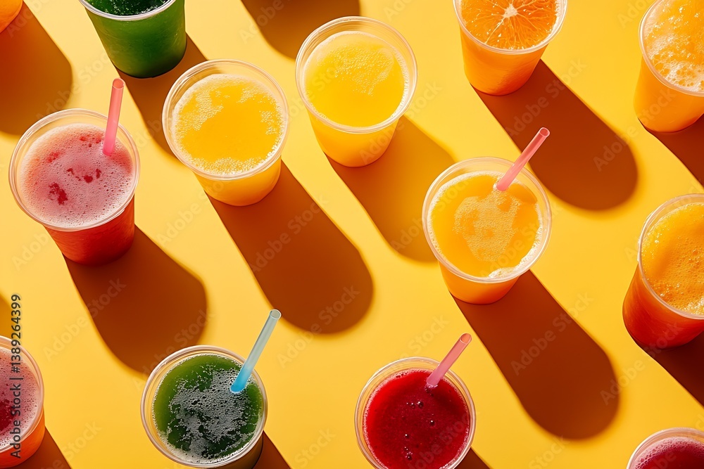 Poster Vibrant array of fruit flavored drinks in cups on yellow background with playful shadows : Generative AI