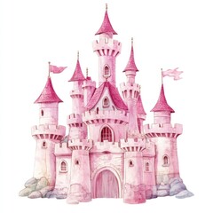 Fototapeta premium Beautiful Watercolor Illustration of a Pink Fairytale Castle