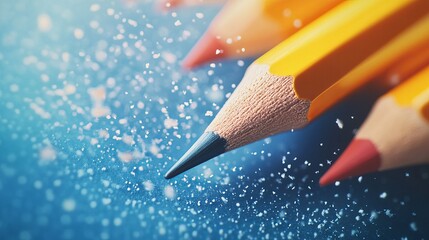 Close up of yellow pencils with blue and pink tips on a blue background with white specks