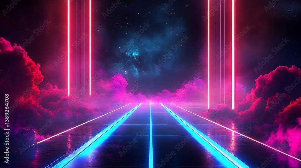 Poster futuristic landscape with neon lights emitting from pillars and colorful clouds : generative ai