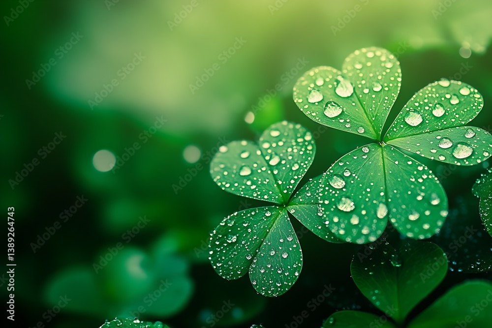 Poster beautiful clovers covered in water droplets with soft lighting creating a dreamy green scene : gener