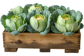 Fresh cabbage in a wooden crate, showcasing vibrant green colors.