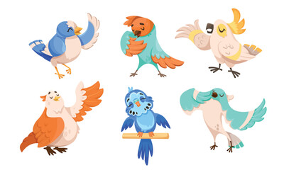 Cute Bird with Feathers Singing Song Vector Set