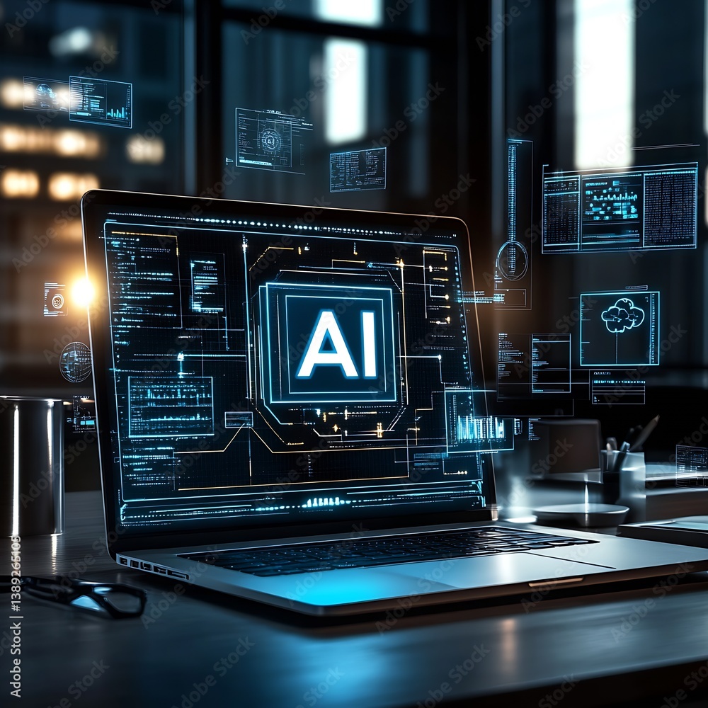 Poster Advanced AI Technology Displayed on Modern Laptop Screen Surrounded by Digital Interfaces : Generative AI