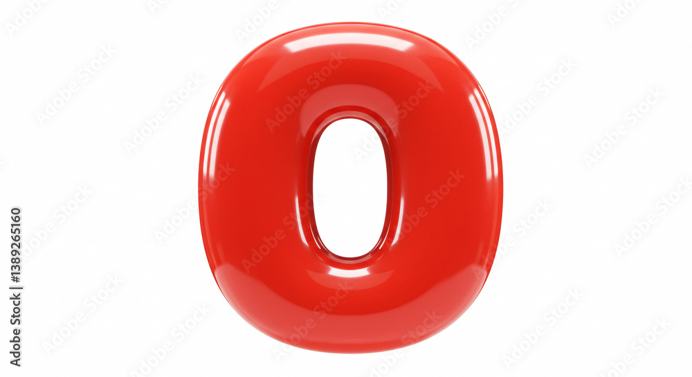 Fototapete glossy red three dimensional number zero isolated on white background with bright lighting