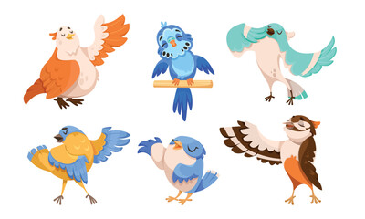 Cute Bird with Feathers Singing Song Vector Set