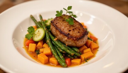 The gourmet meal featured a succulent piece of cooked meat accompanied by vibrant, freshly harvested vegetables