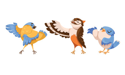Cute Bird with Feathers Singing Song Vector Set