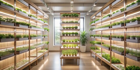 Obraz premium Indoor Botanical Display Featuring Lush Greenery on Modern Shelving Units with Integrated Lighting