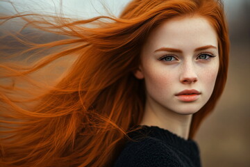 Closeup portrait of beautiful young woman with red hair