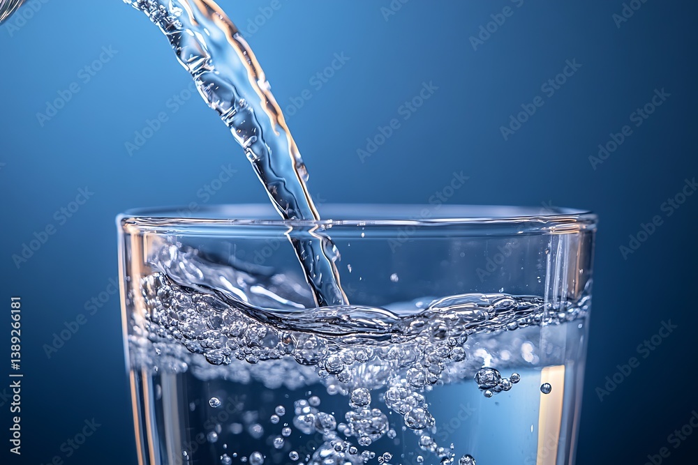 Aufkleber close-up view of water being poured into a glass with vibrant bubbles and appealing reflections in a