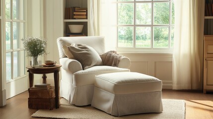 Fototapeta premium A comfortable armchair and ottoman sit near a sunny window