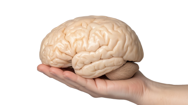 Human brain held in a hand, showcasing its intricate structure against a white background.