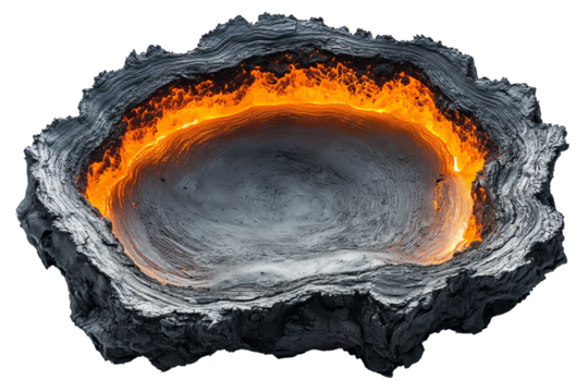 Lava pit with glowing molten rock, isolated on white background, showcasing natural geothermal activity.
