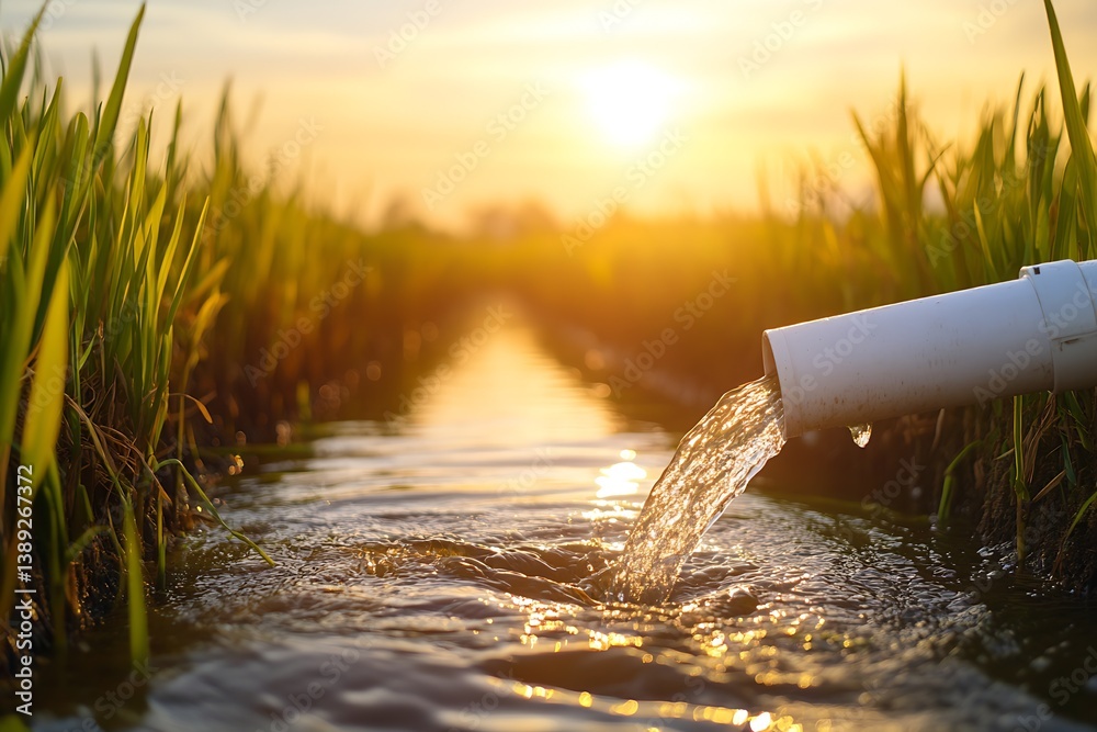 Aufkleber stunning sunset reflecting on water from a pipe in lush rice fields showcasing serenity : generative