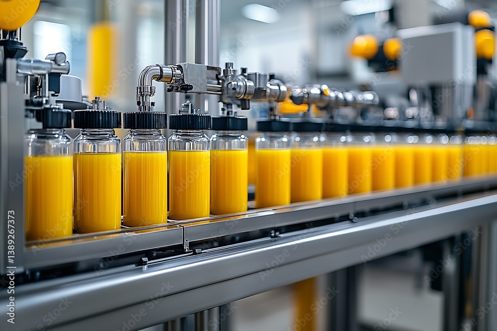 Poster Orange Juice Bottles Filling Station on a Conveyor Belt in a Dynamic Production Environment : Generative AI