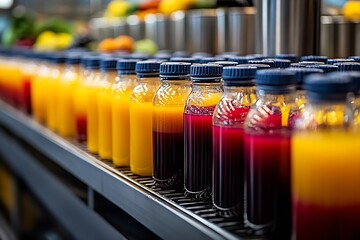 Fototapeta premium Colorful array of fresh juices in glass bottles displayed beautifully in an upscale juice bar setting : Generative AI