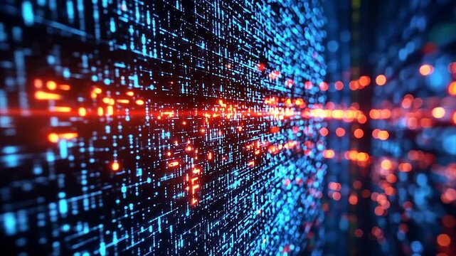 Abstract digital data stream; glowing blue and orange binary code flows into the distance