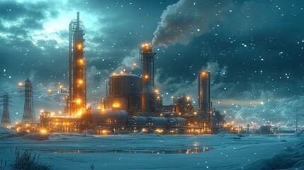 Fototapeta premium A mystical industrial plant glowing with energy amidst a snow-covered fantasy landscape