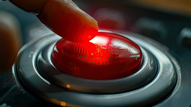 A finger hovers over a glowing red button on a control panel, preparing for a significant action that could affect the process