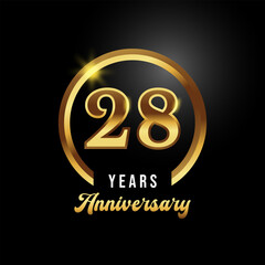 28 years anniversary celebration. Anniversary logo with ring and elegance golden color isolated on black background, Vector Design for Greeting Card and Invitation Card