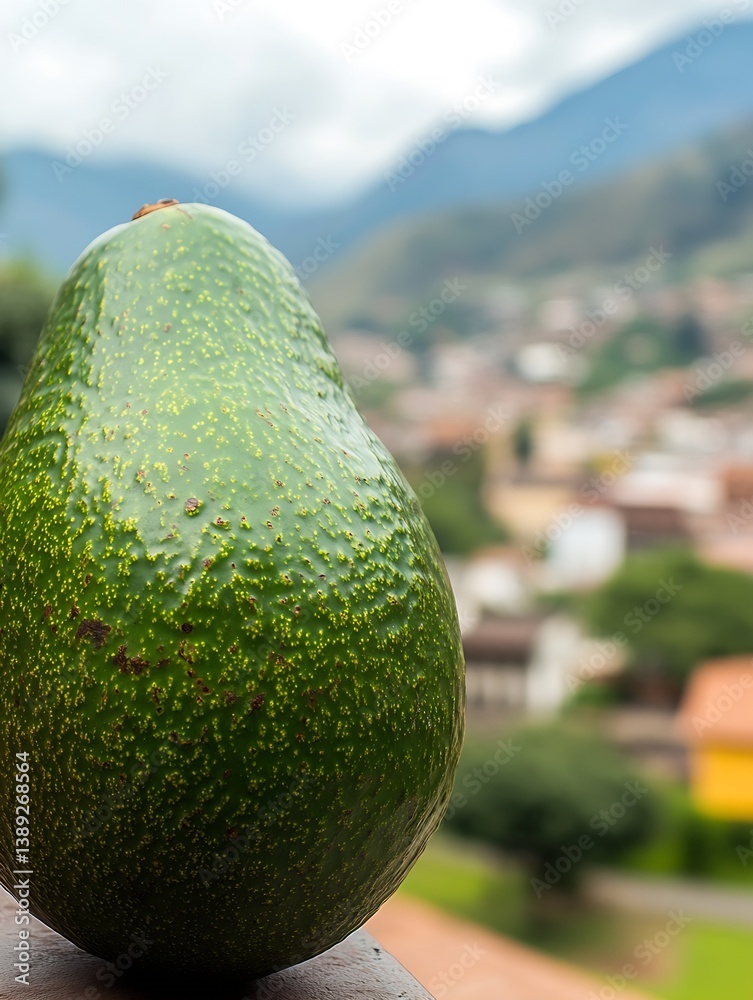 Poster a perfectly shaped avocado rests against a blurred backdrop of a serene mountain village under a clo