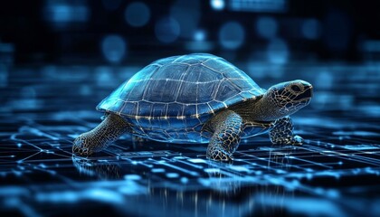 Holographic Turtle Navigating Digital Landscape Symbol of Slow and Steady Progress in Technology