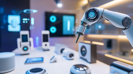Fototapeta premium A robotic arm in a futuristic smart home device testing lab, surrounded by voice-activated speakers, smart thermostats