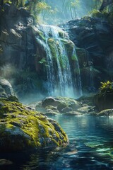 A cascading waterfall flows into a serene body of clear water