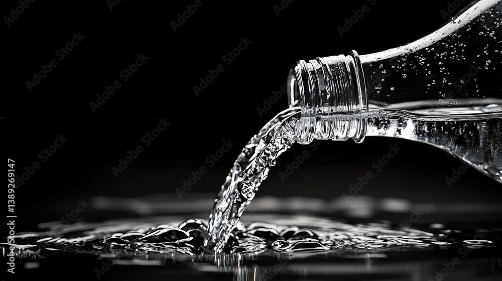 Poster captivating image of clear water flowing from a glass bottle onto a smooth surface highlighting eleg