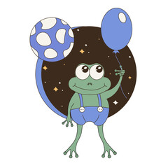 Modern vector t-shirt print with Alien Frog in simple flat style. Perfect copybook postcard card cover template design. Frog with air balloon isolated transparent background. EPS 10