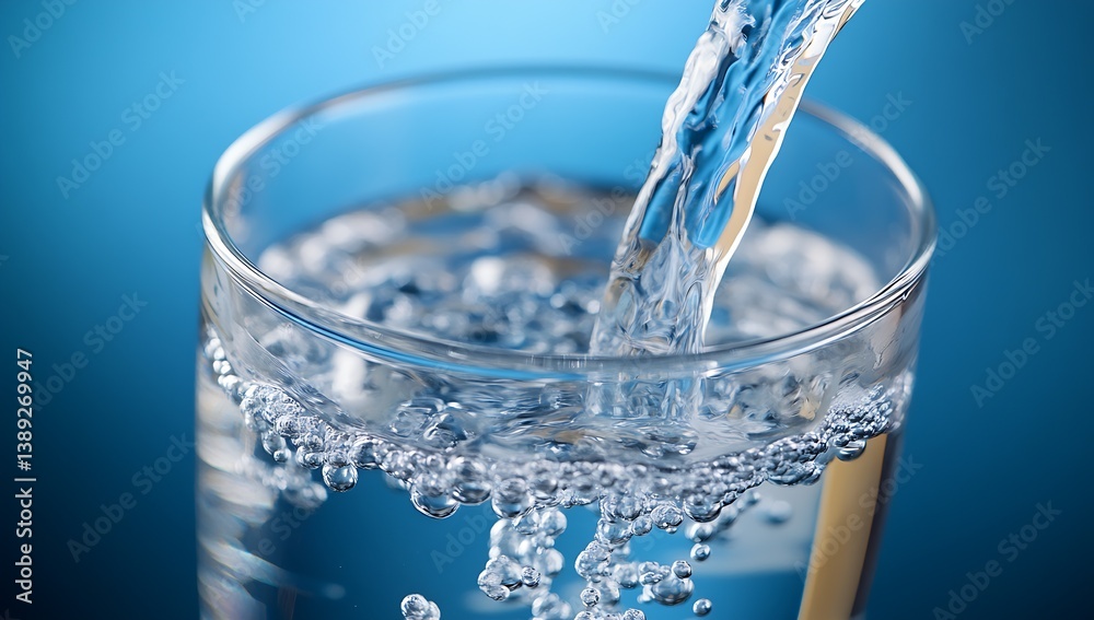 Aufkleber close-up of water flowing into a glass revealing bubbles and reflections on a blue backdrop : genera