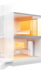 Fototapeta premium Smart Home Cross-Section: Intelligent Fridge Projecting Menus, Adaptive Window Shades, Air Purifier Animation, and Device Status Light Rings. Frosted Glass Texture with Warm Orange Glow for Futuristic