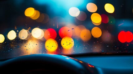 Nighttime cityscape through a car window, blurred lights and reflections, evoking a sense of urban solitude and quiet introspection.
