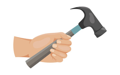 Human hand gripping a claw hammer tool in flat graphic style on white background. Concept of construction, labor, and craftsmanship. Vector illustration