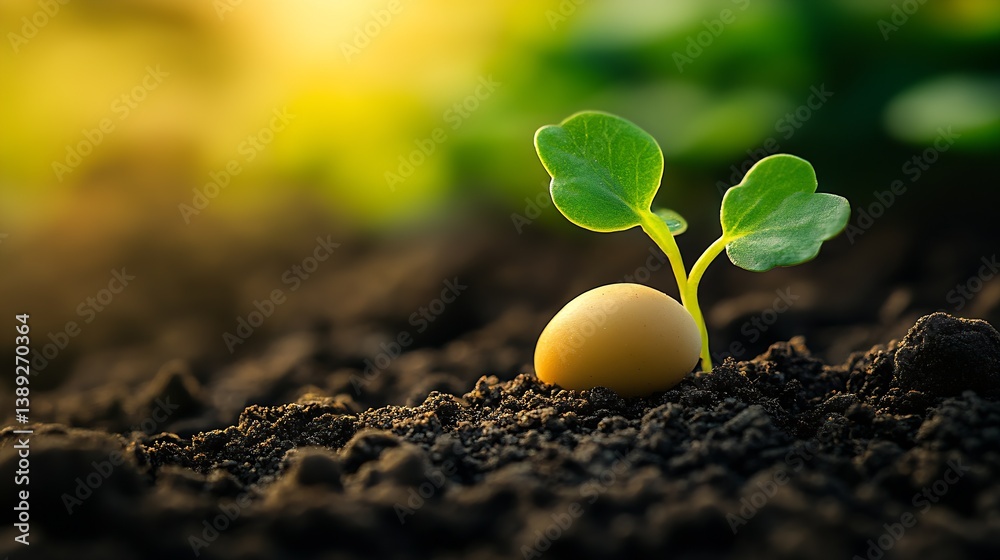 Aufkleber close-up shot of golden egg in fertile soil with a green sprout epitomizing renewal and the cycle of