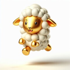 Fototapeta premium Animated character 3D image of happy gold white sheep jumping, cute design, white background