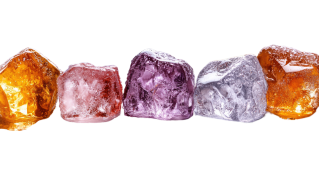 Isolated ice cubes, like raw crystals, on a white surface