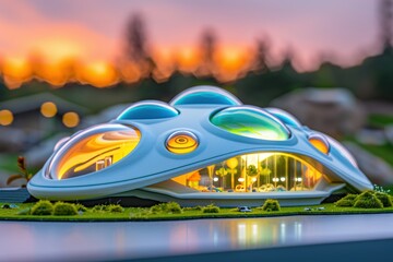 Obraz premium Futuristic building design with vibrant colors at sunset.