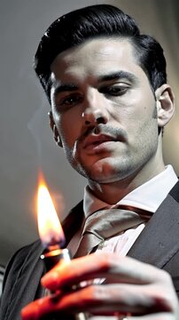 Homme en costume avec un briquet allum&eacute;, regard intense