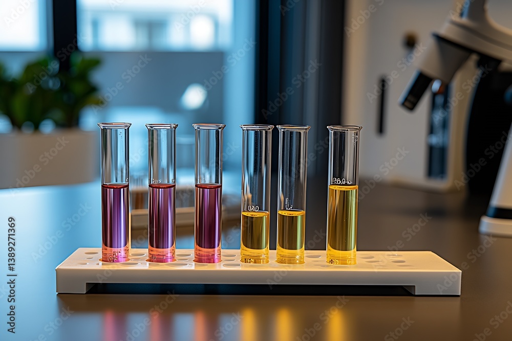 Aufkleber Five test tubes filled with colorful solutions displaying intricate mixtures of liquids in a lab setting : Generative AI
