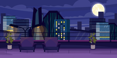 Vector illustration evening cityscape with a balcony on the roof. Cartoon scene of a roof terrace with a view of the city, modern houses, lamppost, armchairs, potted plants, full moon in the sky.