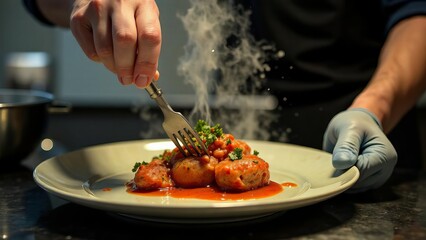 The chef is trying a new meat dish in his kitchen, he took off one glove.