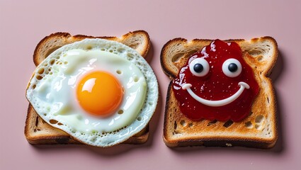 Creative Toast and Egg Breakfast with Jam Smile Face