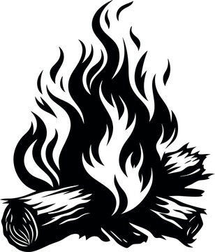 recommend clip art: Fiery Bonfire Black and White Illustration Campfire Flames Burning Wood Logs Graphic Design vector silhouette line art