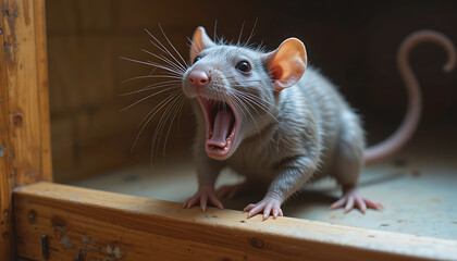 Ugly rat displaying aggression in animal shelter close-up photography indoor setting captivating visuals