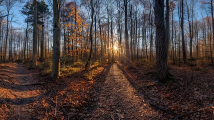 Fototapeta premium Stunning panoramic view of a forest landscape with sun rays shining through the trees, creating a peaceful and serene atmosphere